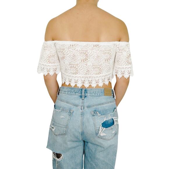 Cider White Lace Off Shoulder Crochet Tassel Crop Top Small - Picture 2 of 5